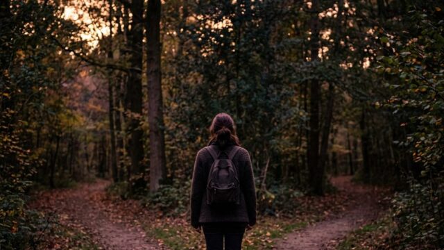 Person standing at a fork in a dirt path in a forest during sunset